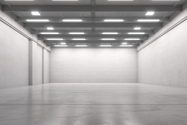 Empty industrial warehouse interior with bright lights and grey walls.