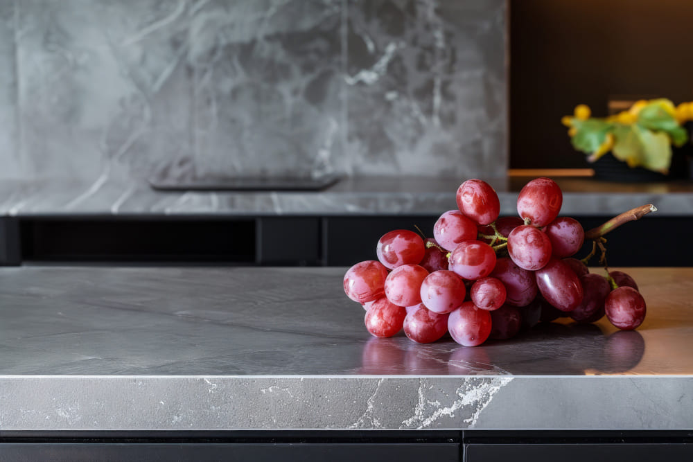 A bunch of red grapes on a marble countertop with a blurred background.