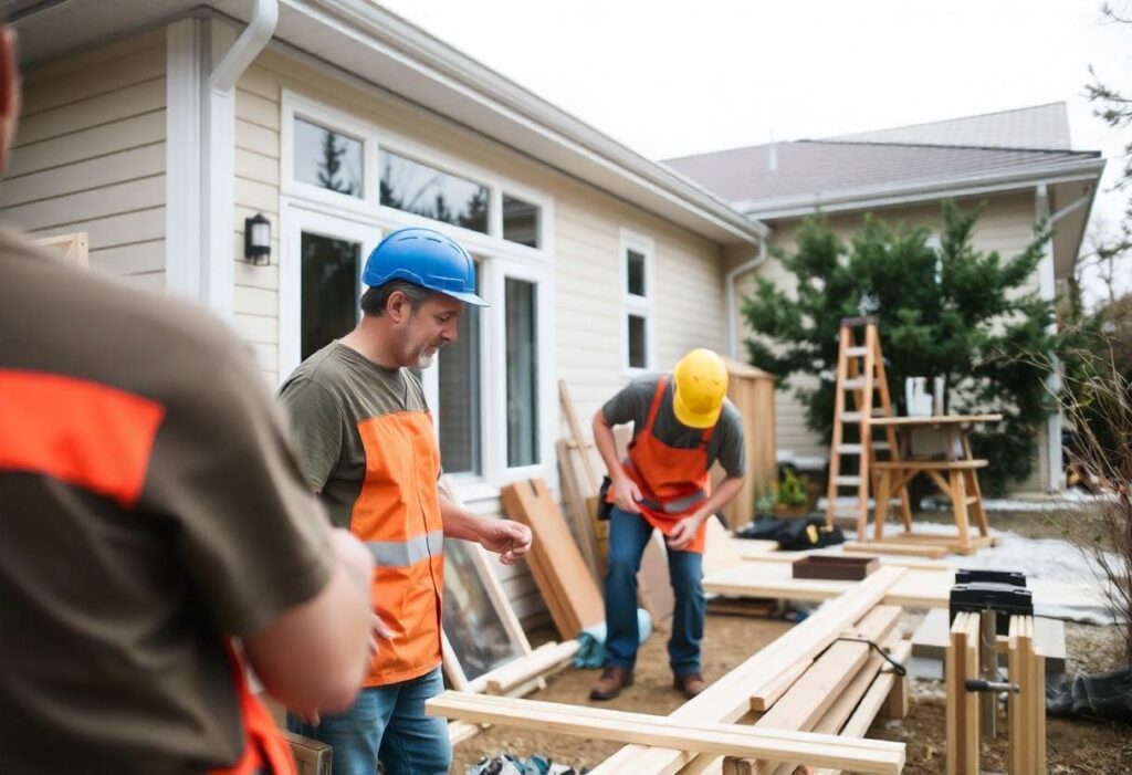 Construction workers in safety gear handling lumber at a building site.