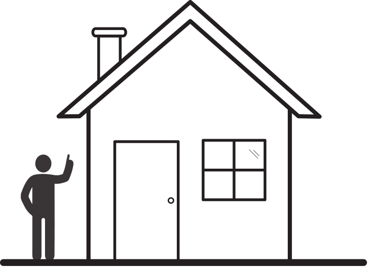 Outline of a simple house with a figure standing beside it.