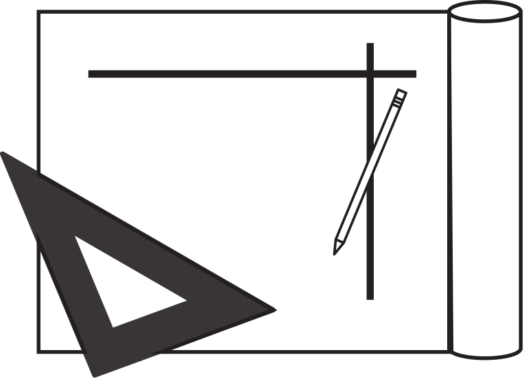 Outline of drafting tools including a T-square, triangle, and rolled-up paper.