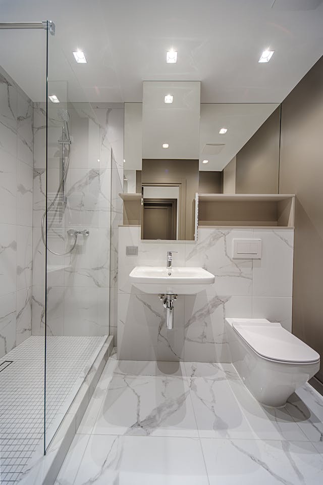 A modern bathroom with a walk-in shower, toilet, and sink set against marble tiles.